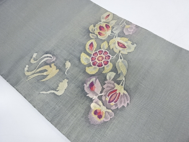 リサイクル　帝王紫花鳥模様織出し袋帯